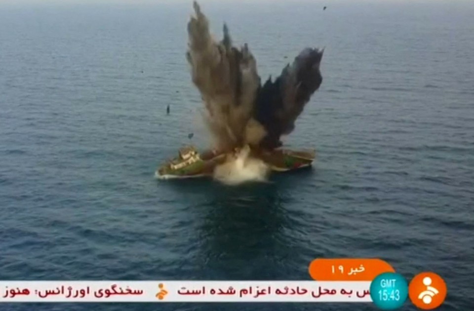 A target practice vessel in the Persian Gulf is hit by one of the cruise missiles