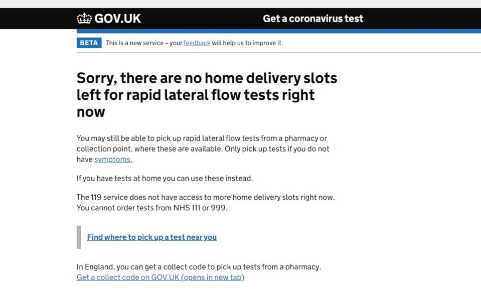 The Government website showing a shortage of lateral flow tests