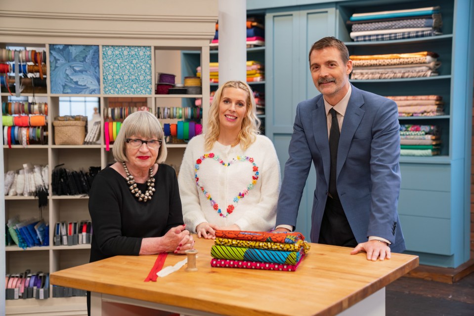  Judges Esme Young and Patrick Grant return for The Great British Sewing Bee 2022 - seen here with host Sarah Pascoe (middle)