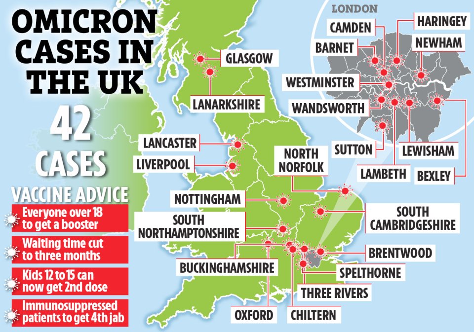 The map above shows where cases of Omicron have been detected so far in the UK