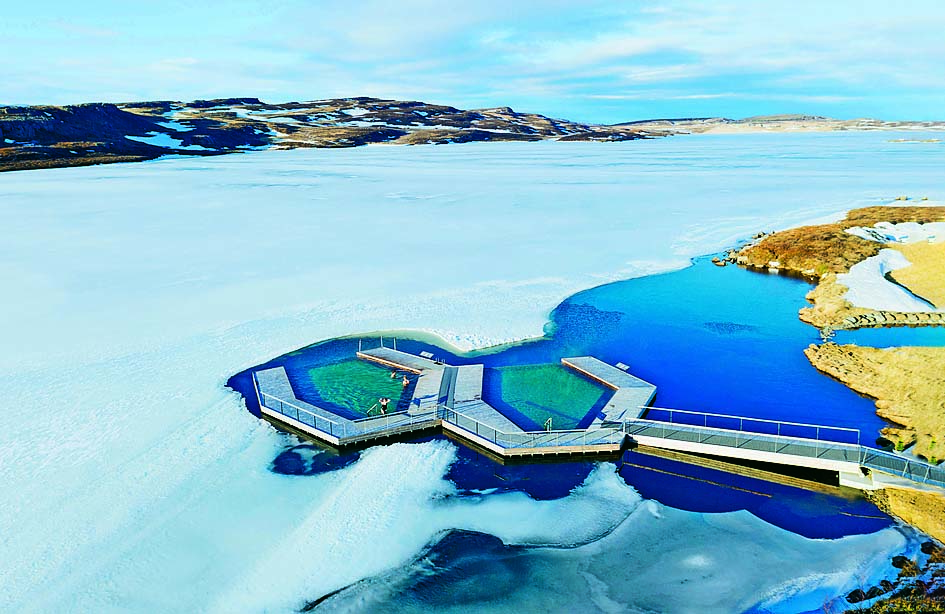 Iceland has some of the world’s best geothermal hot springs, and Vök Baths in Urriðavatn are particularly special, as they sit in the middle of a natural lake