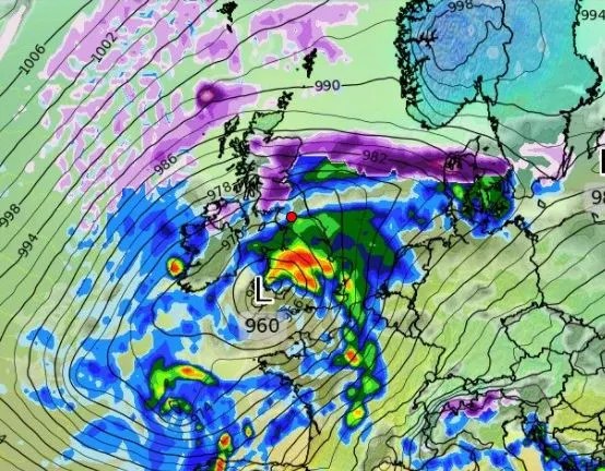 A purple wall of now is seen over the UK on Christmas Day