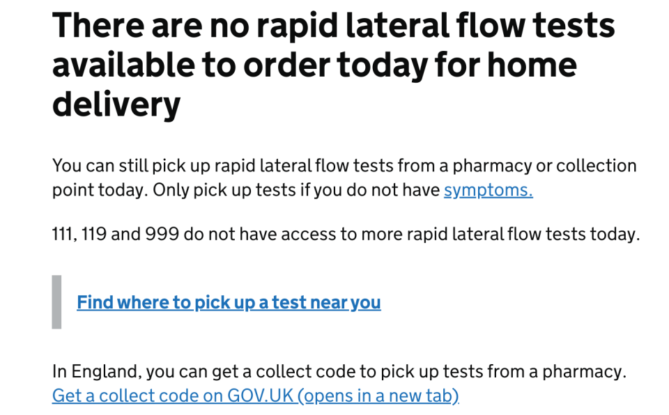 Brits trying to book lateral flow tests to be delivered to their home address have been told there are none available