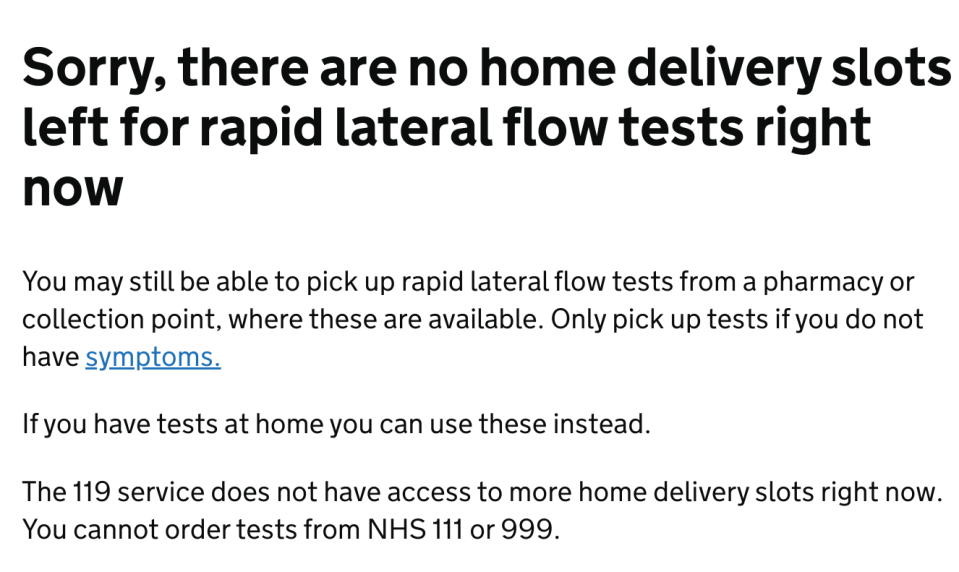 The message on the test portal this morning showed that there are currently no lateral flow tests available