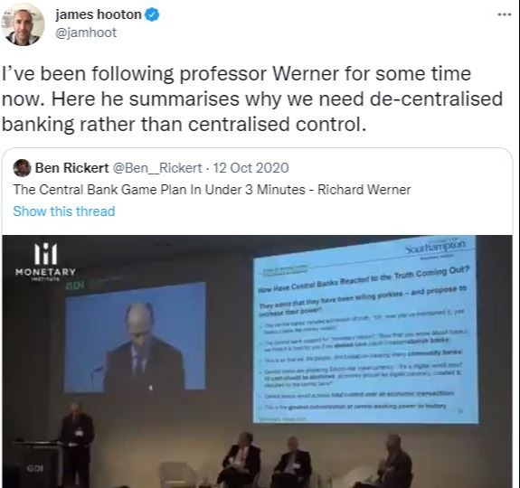 He made the comment after sharing a 2018 video of Professor Richard Werner speaking about the future of banking