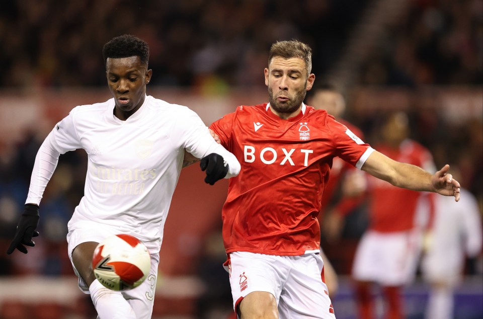 Eddie Nketiah wins the ball against Nottingham Forest