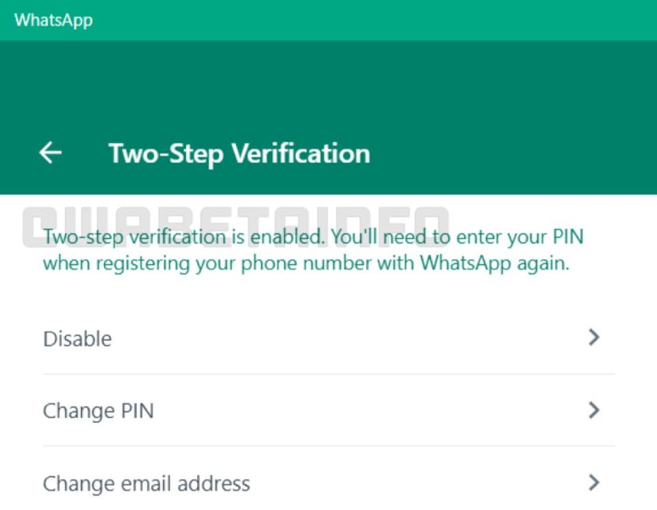 Leaked screenshot of the new two-step verification feature for WhatsApp on desktop