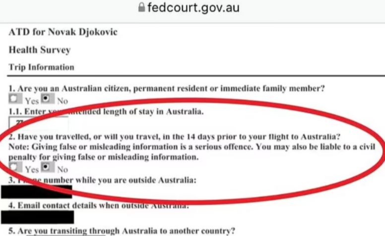 His Australian Travel Declaration form states he had not travelled in the 14 days before flying to Oz