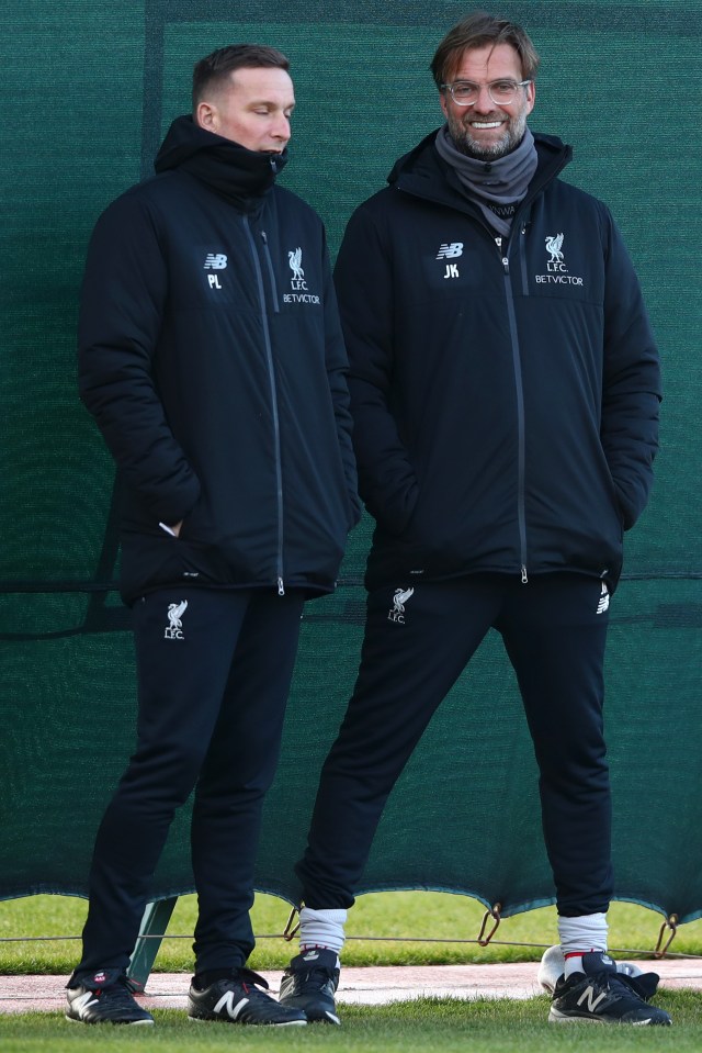 Lijnders and Klopp during Liverpool training at Melwood