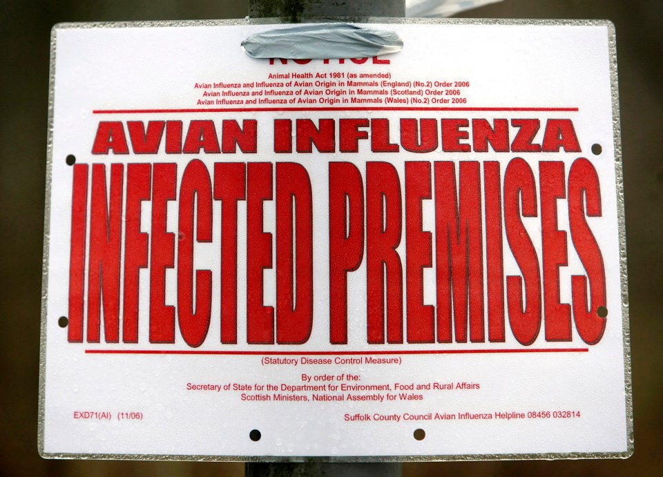 A warning sign on a path leading towards an infected farm in a prior outbreak