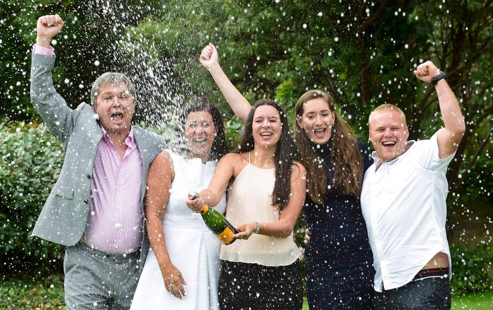 Keith Reynolds, Sonia Davies, Stephanie Davies, Courtney Davies and Steve Powell (L-R), a five-member syndicate who won the £61.1m EuroMillions jackpot