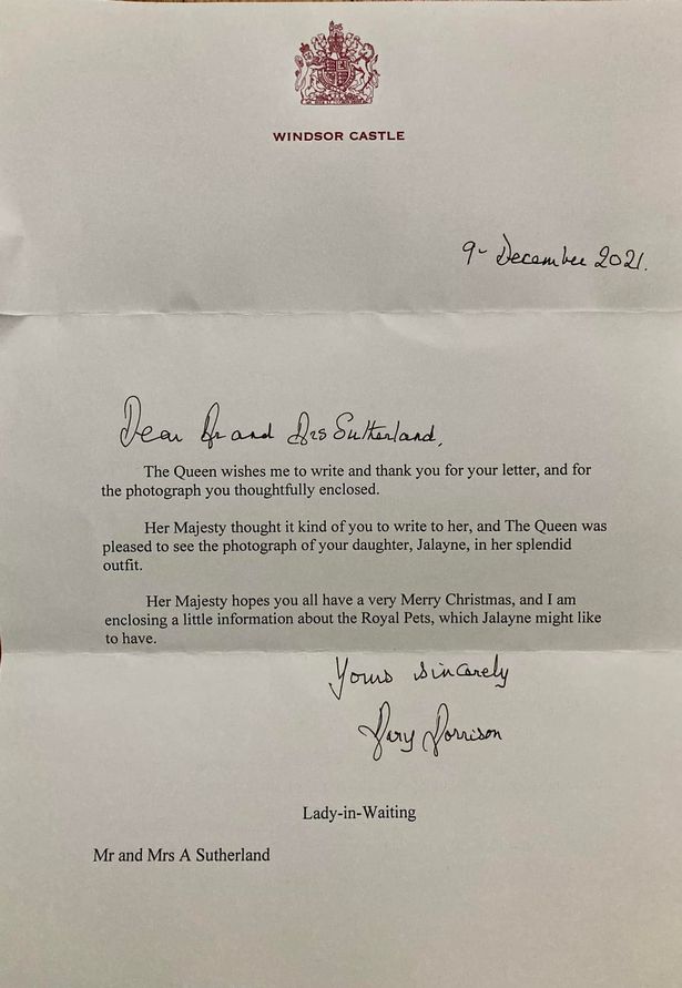 The letter came from the Queen's lady in waiting, the Hon Marry Morrison