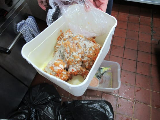 Horrified officers found a revolting mouldy chicken which the owner claimed was a crab