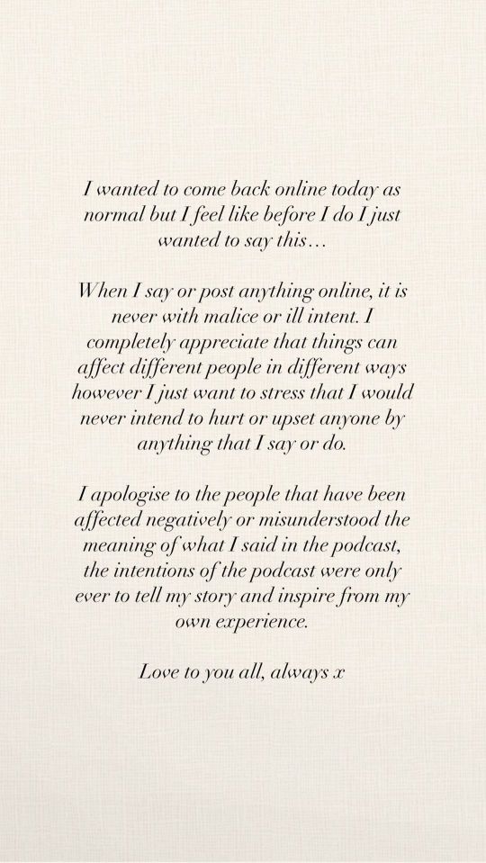 She posted this apology to her Instagram Stories before returning to her grid