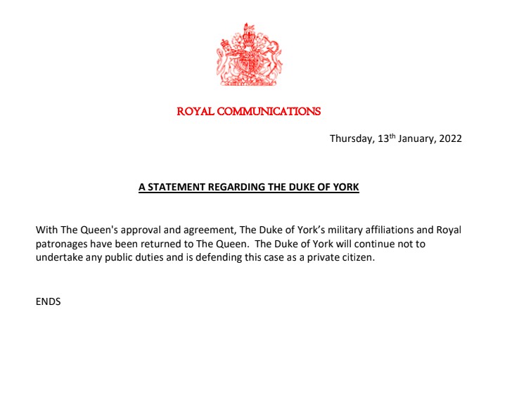 Buckingham Palace confirms Andrew's military titles have been taken from him