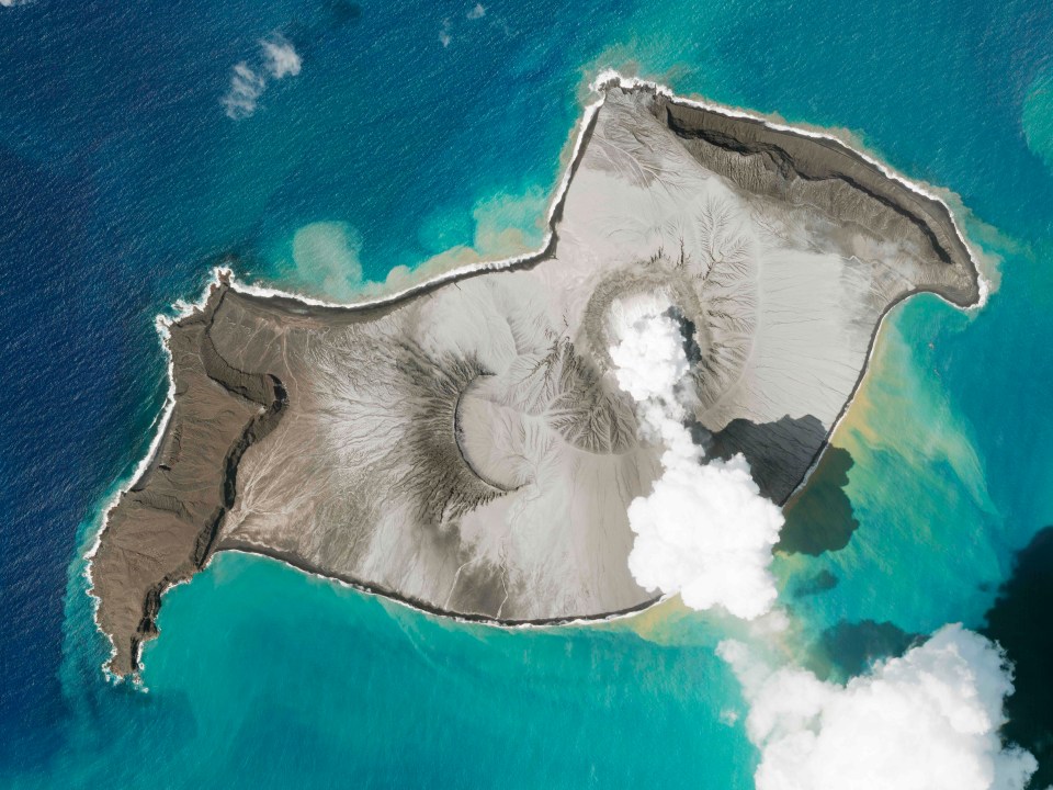 Smoking Hunga Tonga-Hunga Ha’apai volcano on Jan 7