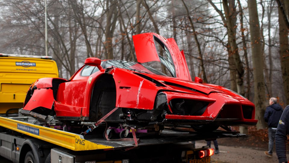 A mechanic totalled a £2.5million Ferrari when he smashed into a tree stump on a test drive