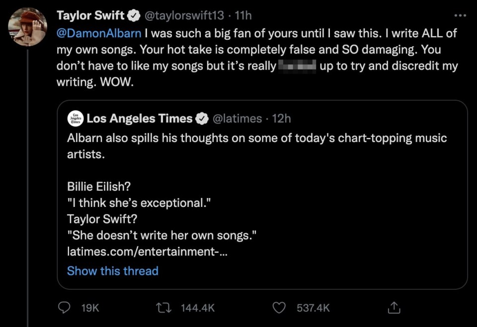 Taylor took to Twitter to make her feelings clear