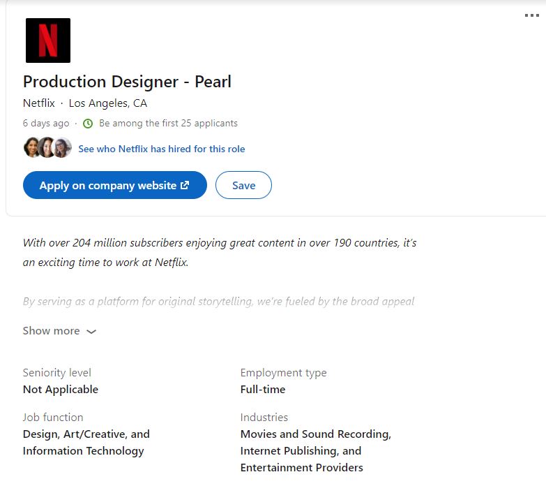 Netflix is looking for an LA based designer to help with the production of Meghan's show Pearl