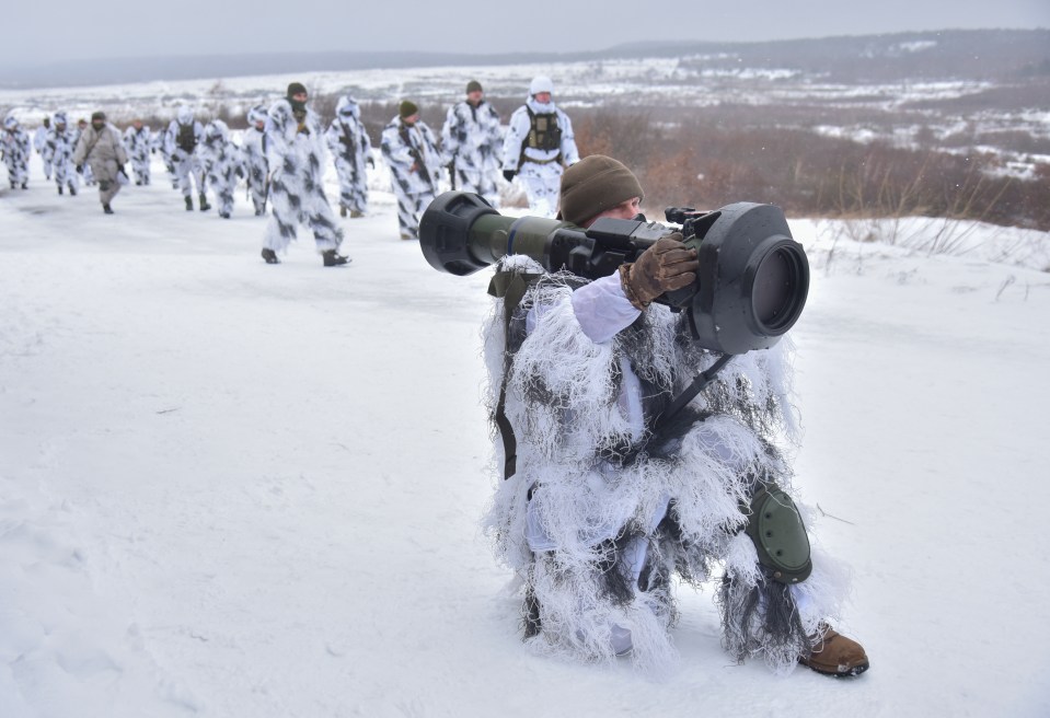 Soldiers take part in an exercise for the use of NLAW anti-aircraft missiles on the Yavoriv military training ground, close to Lviv, western Ukraine