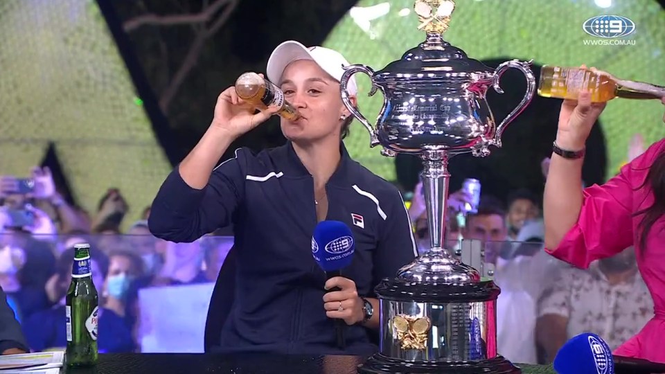 Ash Barty toasted her Australian Open win with a beer on live TV