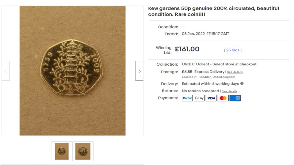 The rare coin sold just days ago with a winning bid of £161