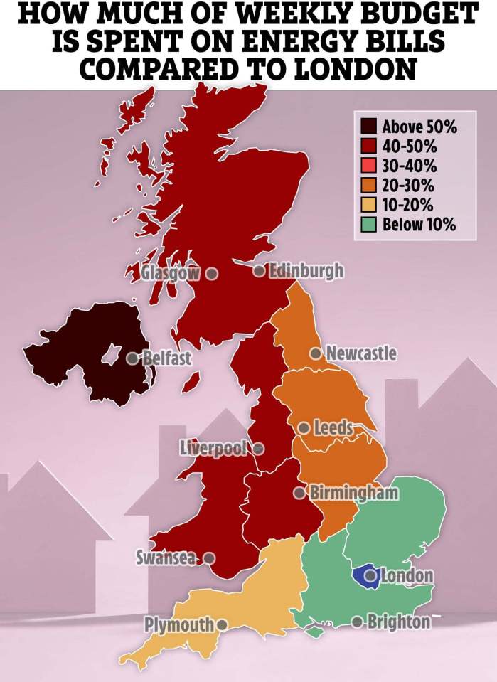 Regions across the UK are spending more of their budget on rising energy bills than London