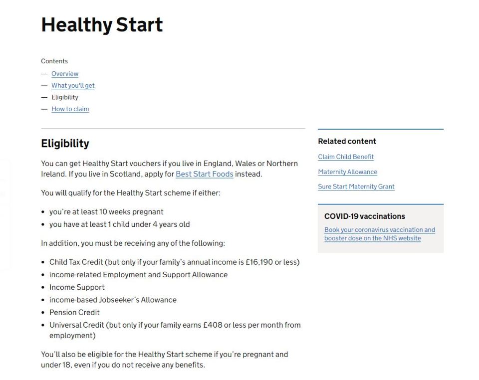 The Gov.uk website still lists ESA claimants as eligible for Healthy Start vouchers