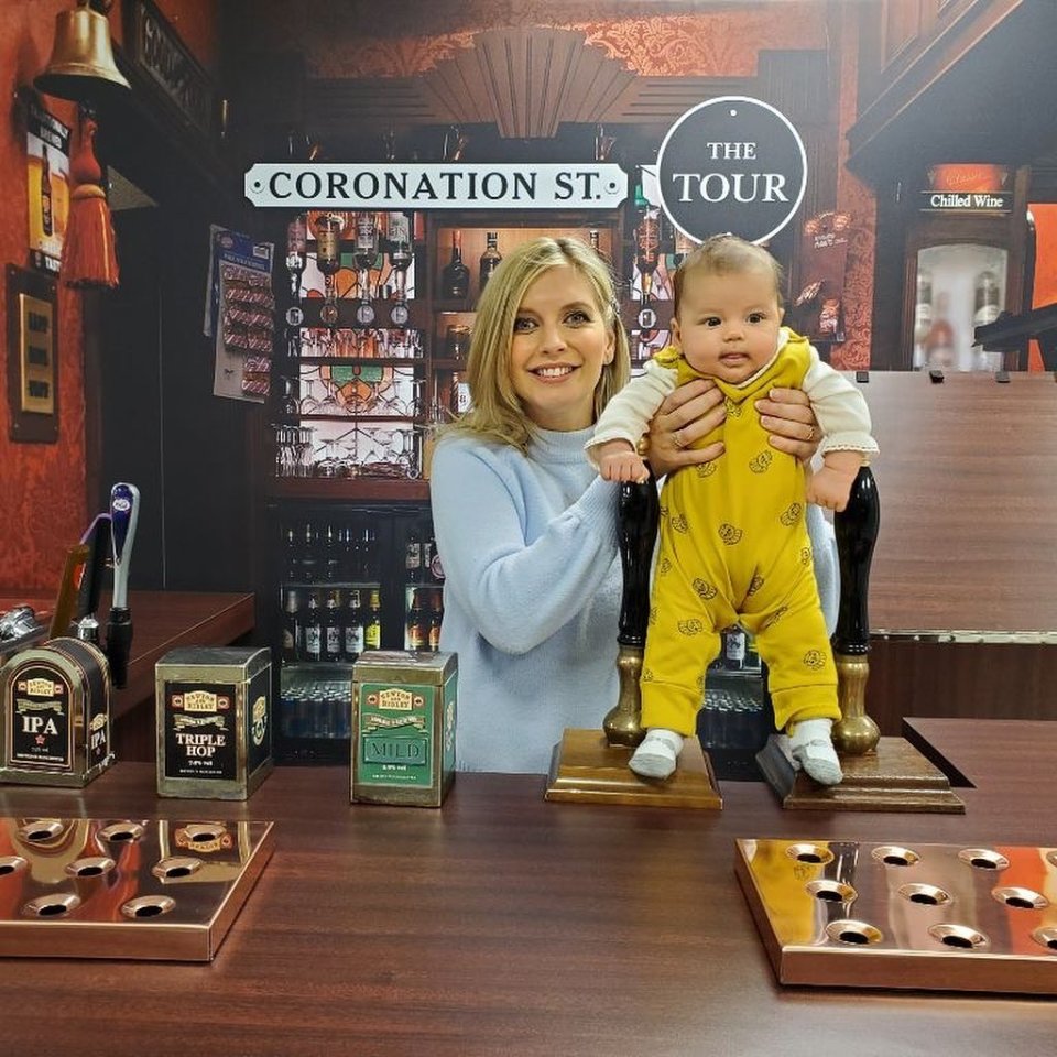 Rachel Riley has posed with her baby daughter in the Rovers Return