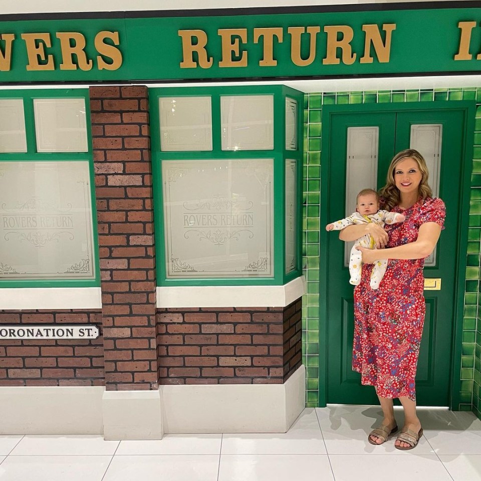 Rachel posed in front of the fake Rovers at Media City