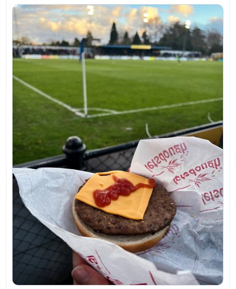 A cheeseburger that was bought by a punter at the Hertfordshire club left quite a lot to be desired – including half its bun