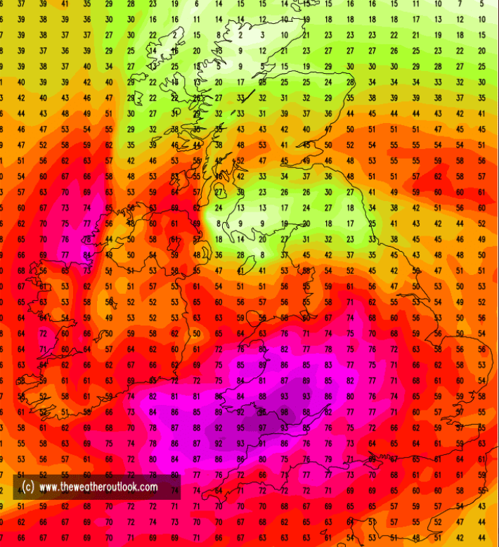 Brian Gaze of TheWeatherOutlook says models suggest a 'damaging event' on Friday, This map shows wind speeds in mph - with southern areas set to face the worst of it