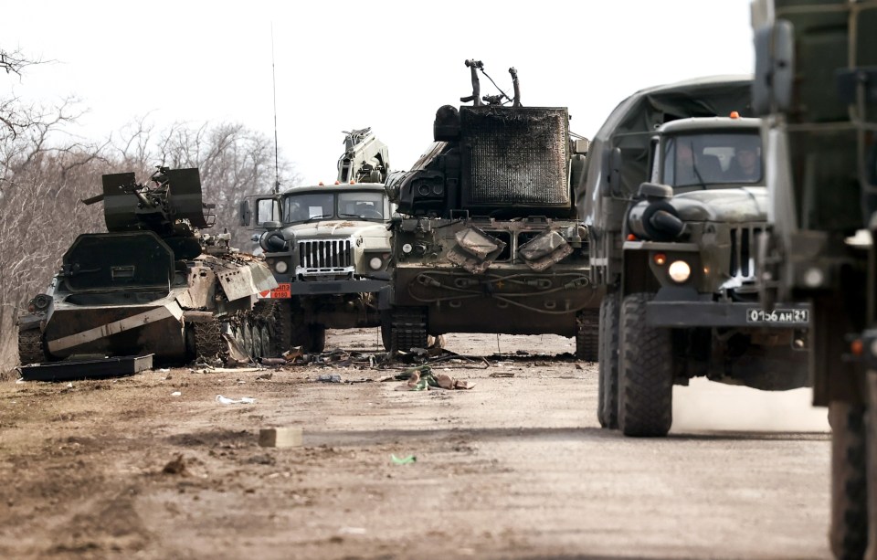 Wrecked Russian armour at the Pereskov checkpoint on the Ukraine border after fierce battle today