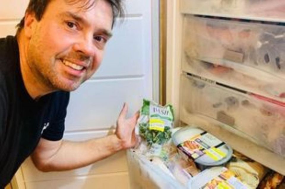 The shopper freezes the majority of his yellow sticker items to prolong the shelf life