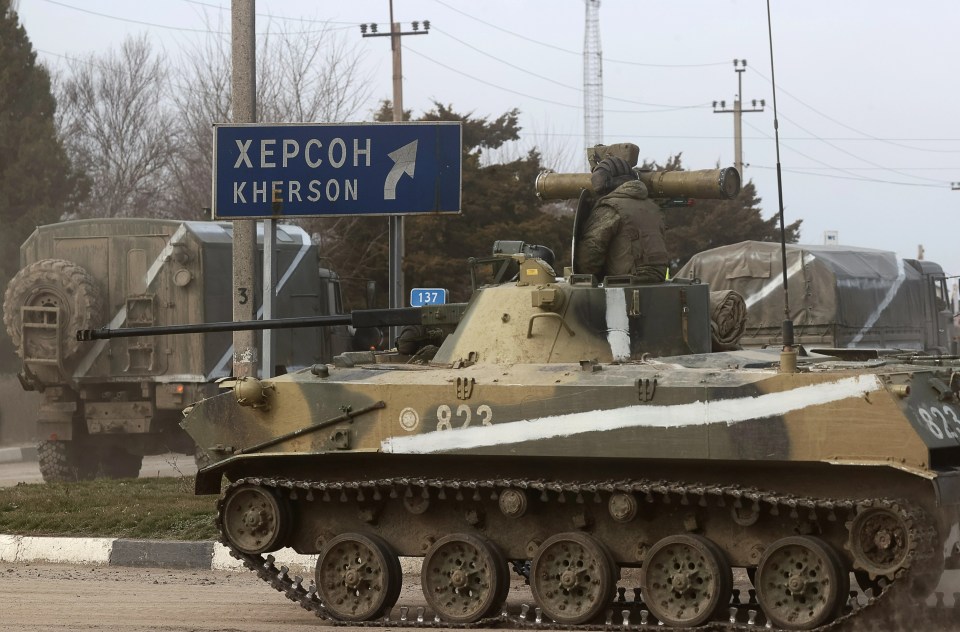 A Russian tank making its way towards Kherson region, mainland Ukraine, yesterday