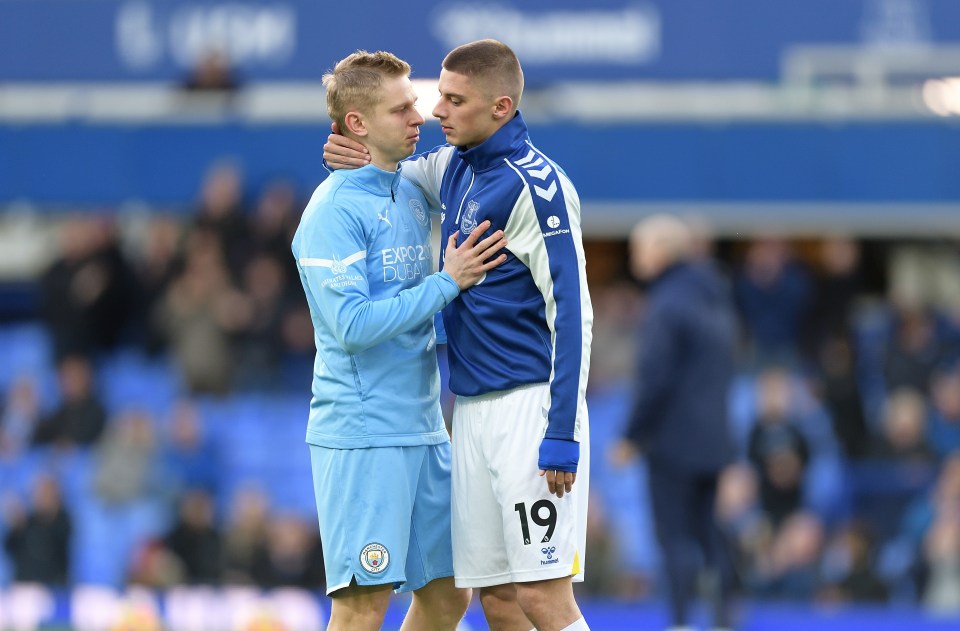 City's Oleksandr Zinchenko shared an emotional embrace with Everton star and fellow Ukrainian Vitalii Mykolenko at Goodison Park on Saturday