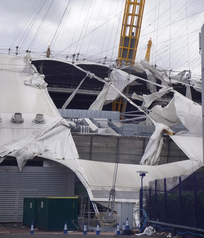 The roof of the O2 Arena in London has been ripped to shreds