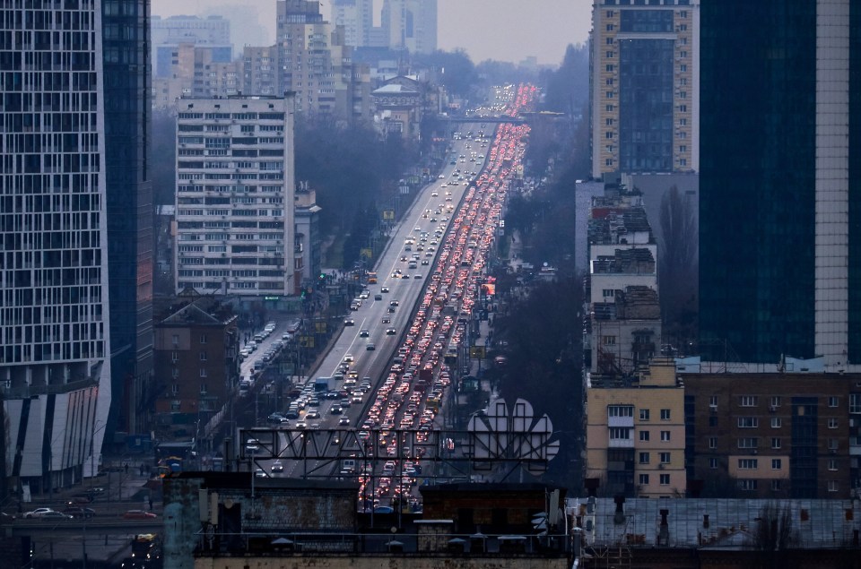 Traffic in Kyiv as thousands fled air raids this morning