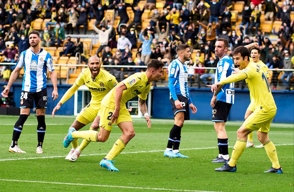 Pino wheels away after bagging his second goal against Espanyol