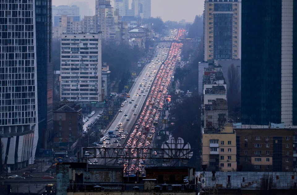 Gridlocked queues of cars as desperate Ukrainians try to flee Kyiv