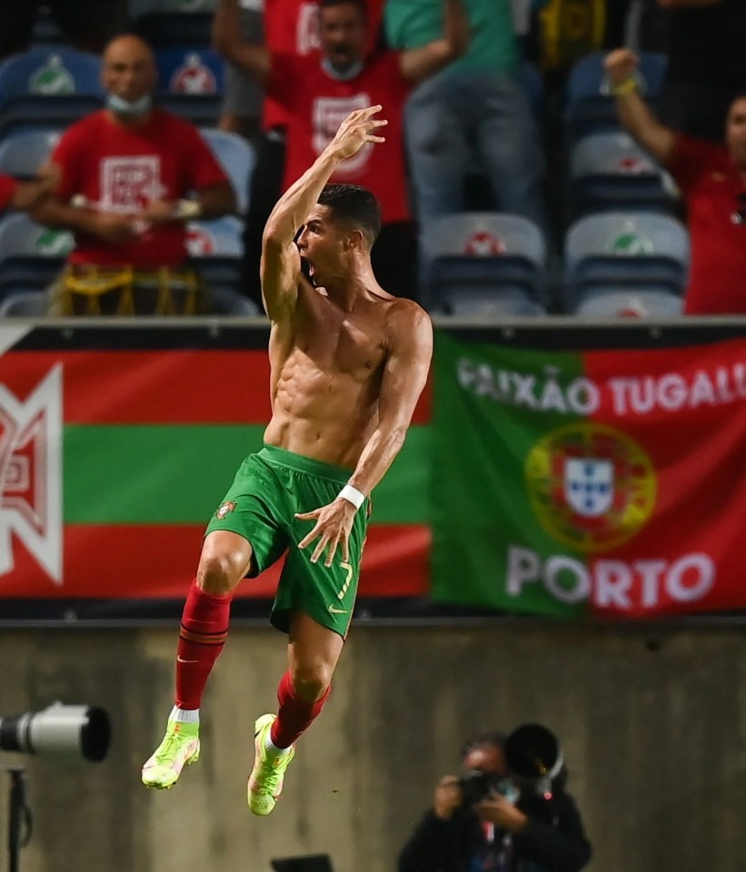 Cristiano Ronaldo ripped off his shirt to celebrate breaking the international goal record