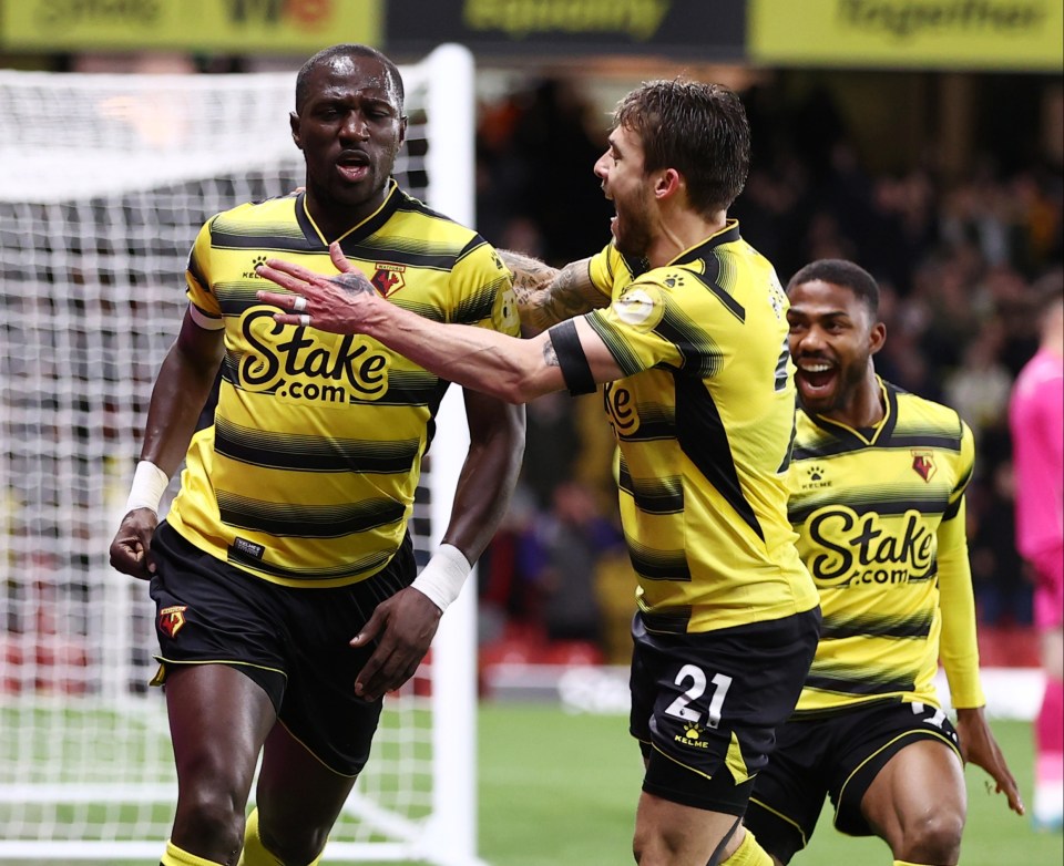 Frenchman Moussa Sissoko celebrates his early leveller for Watford