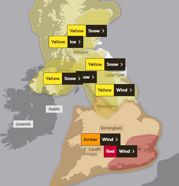 Red, amber and yellow weather warnings are in force today