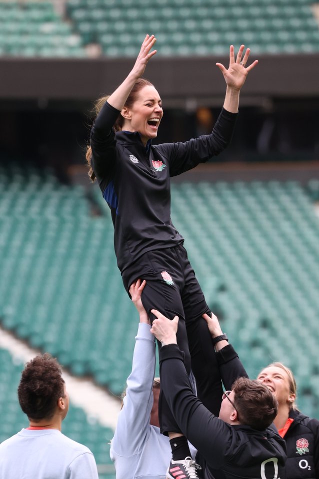 Kate Middleton was all smiles as she was hoisted in the air by England rugby stars in 2022