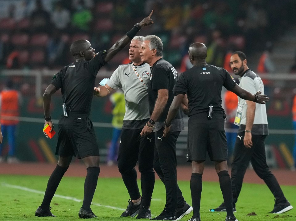 Egypt boss Carlos Queiroz was sent off after a verbal tirade against the officials