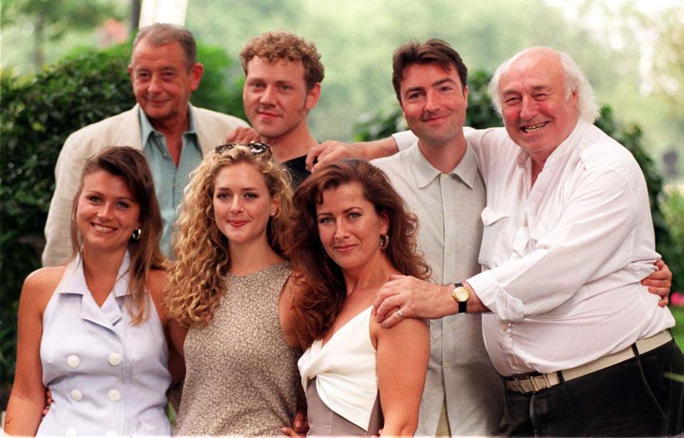 The Heartbeat cast in 1996 (l/r top), Derek Fowlds (Sergeant Blaketon), Mark Jordon (PC Bellamy), Nick Berry (PC Nick Rowan), and Bill Maynard (Greengrass), (l/r bottom) Tricia Penrose (barmaid Gina), newcomer Juliette Gruber (schoolteacher Jo Weston) and Kazia Pelka (nurse Maggie Bolton)