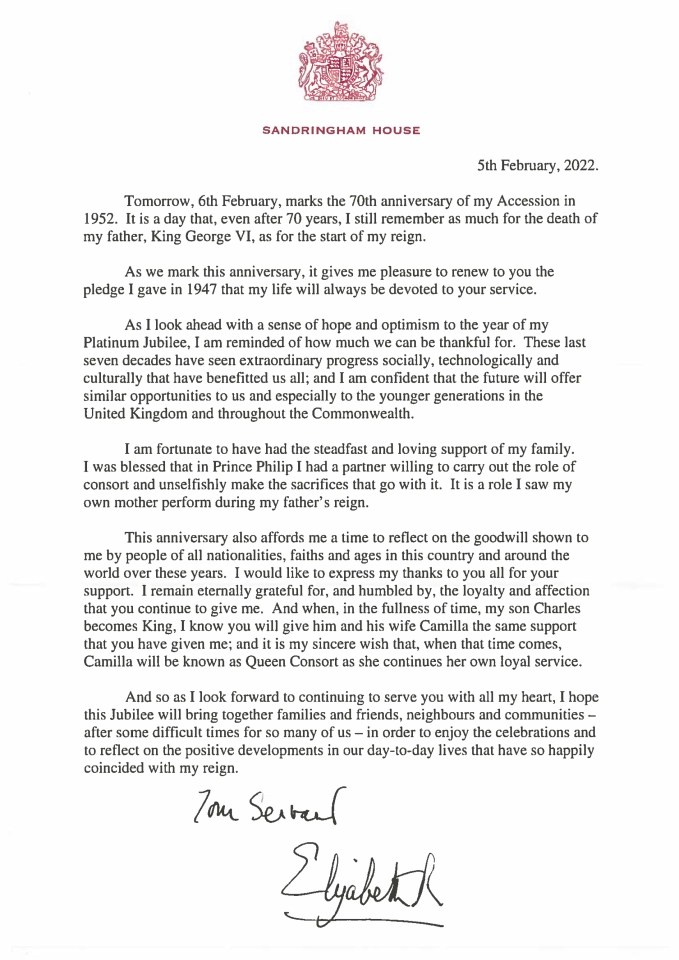 The announcement about Camilla is made in the Queen's statement, above, released to mark her Accession Day