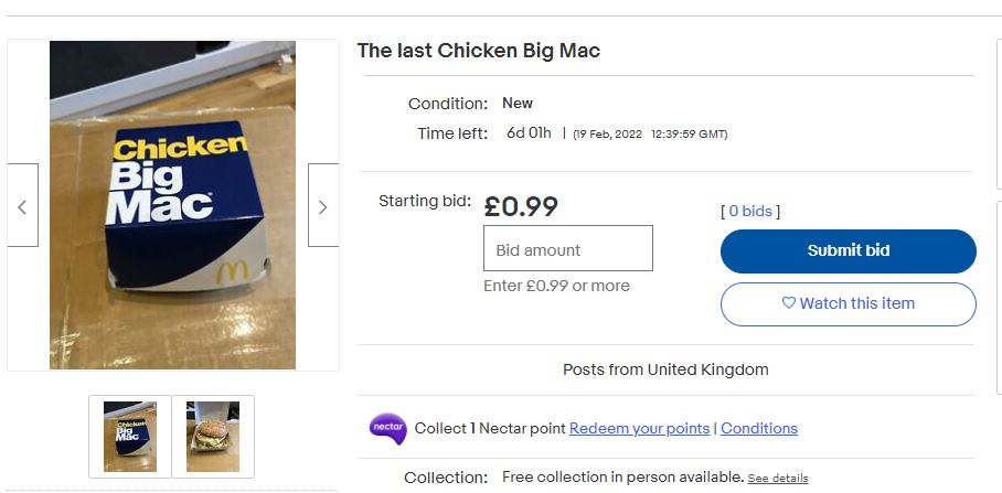 One seller listed the item as 'the last Chicken Big Mac'