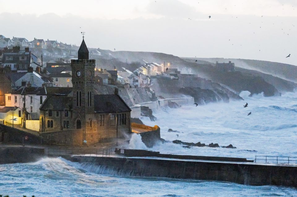 Waves hits Porthleven on the Cornish coast as Storm Eunice makes landfall