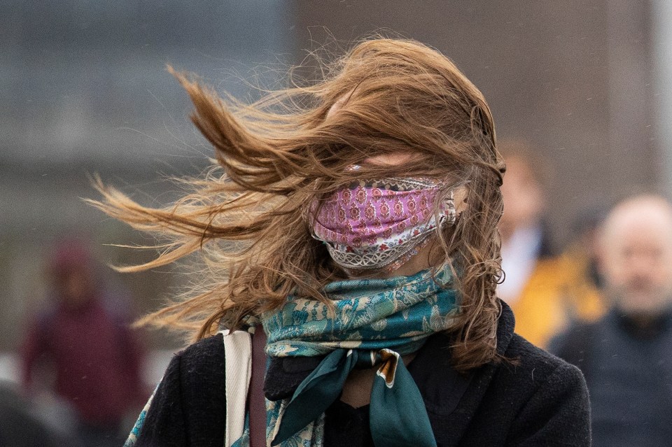 A woman's hair blows across her face during windy weather on London Bridge